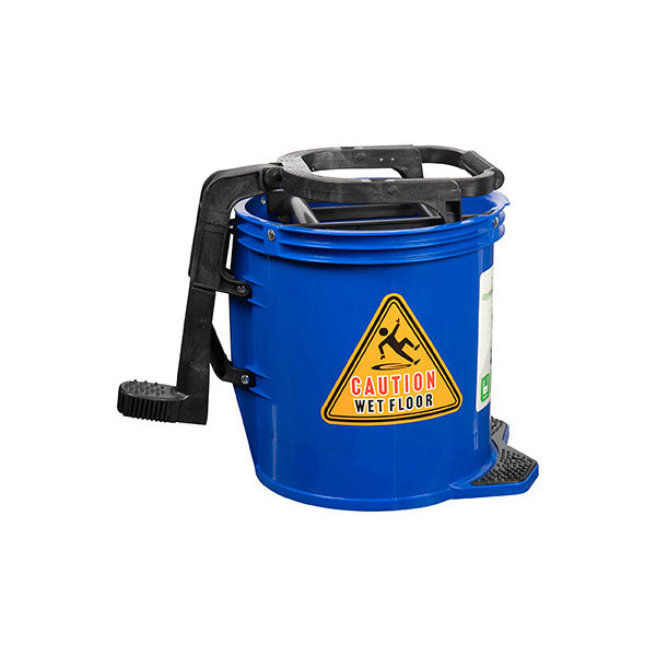Cleanlink Heavy Duty Mop Bucket 16L in blue, featuring ergonomic handle, wheels, and built-in wringer for efficient cleaning.