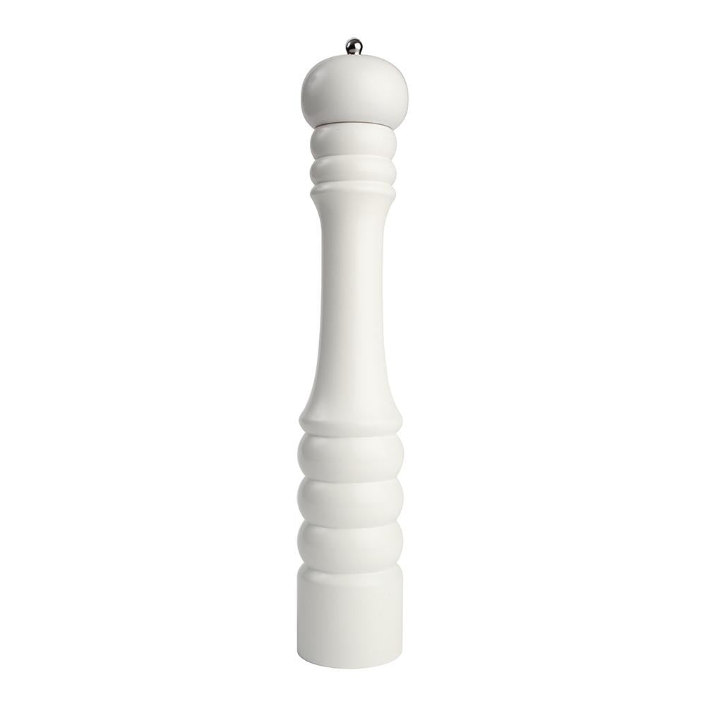 Premium 405mm white pepper grinder with T & G mechanism, Hevea wood, and elegant white gloss finish.