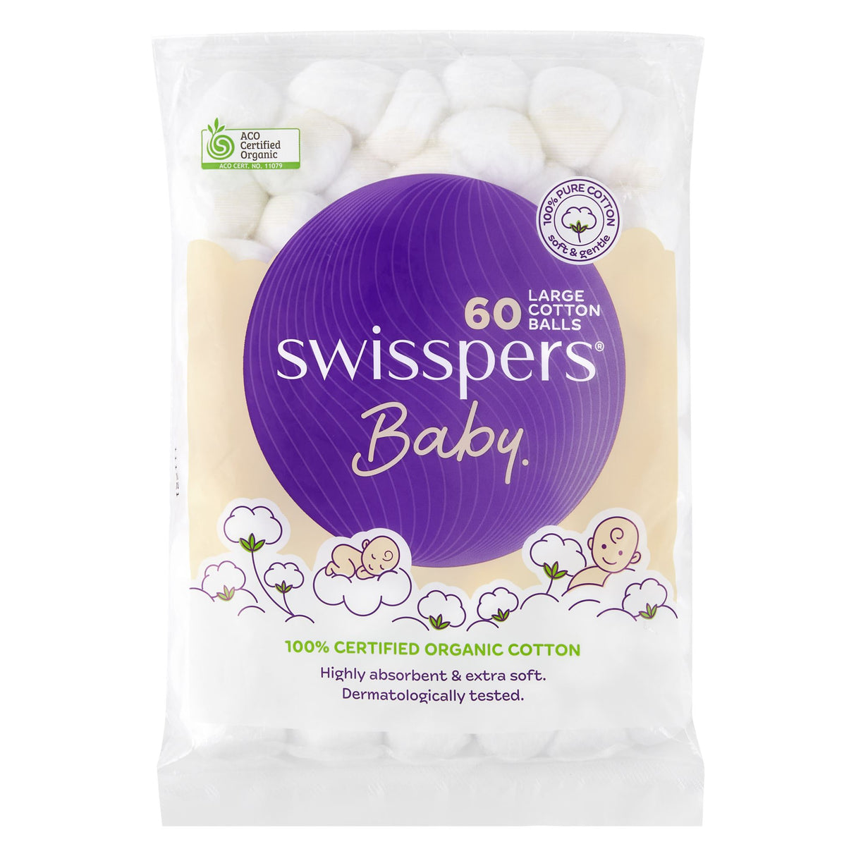 Organic cotton balls for babies, soft and absorbent, ideal for gentle care on delicate skin.