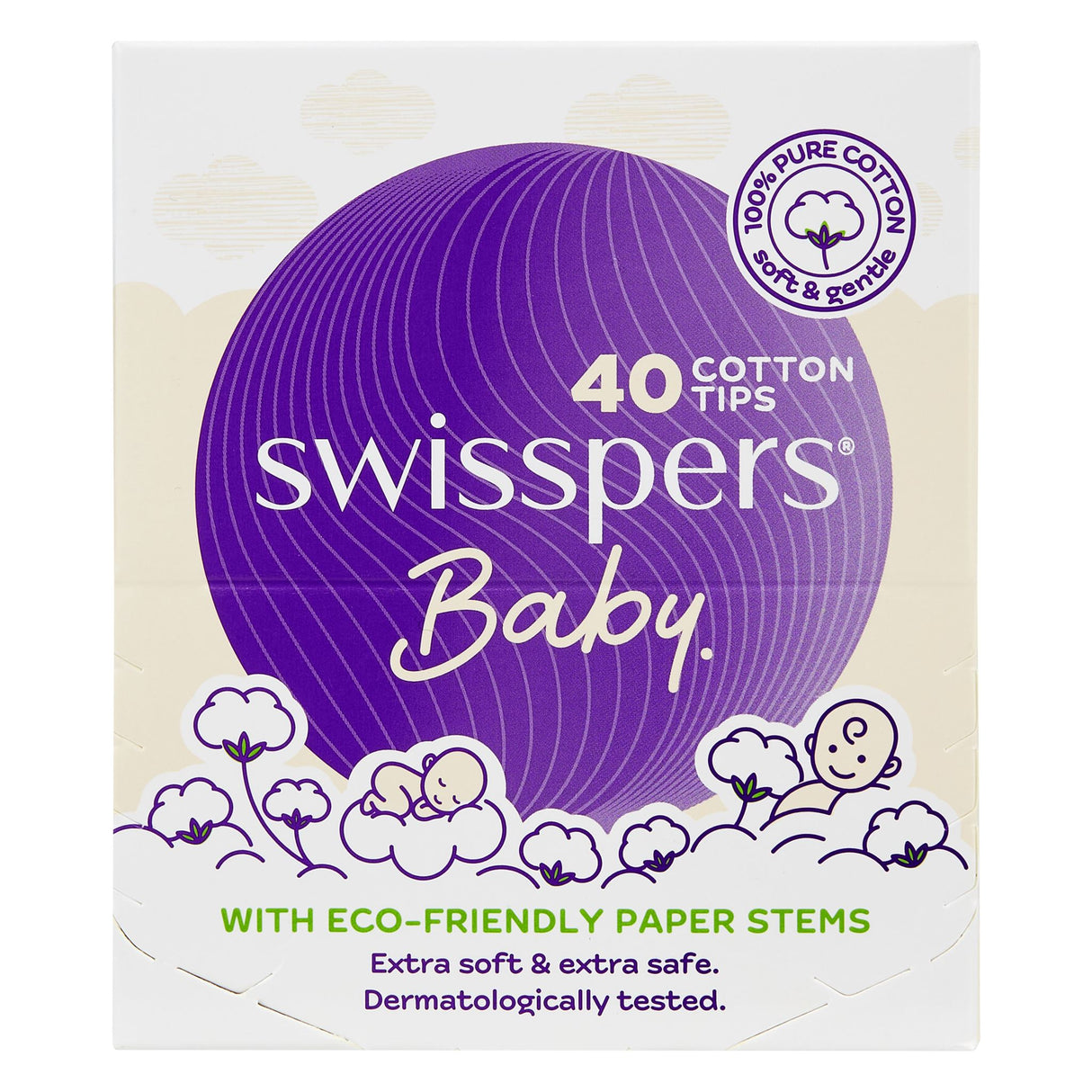 Swisspers Baby Cotton Tips: eco-friendly, extra-soft cotton tips with paper stems for gentle baby care and hygiene.