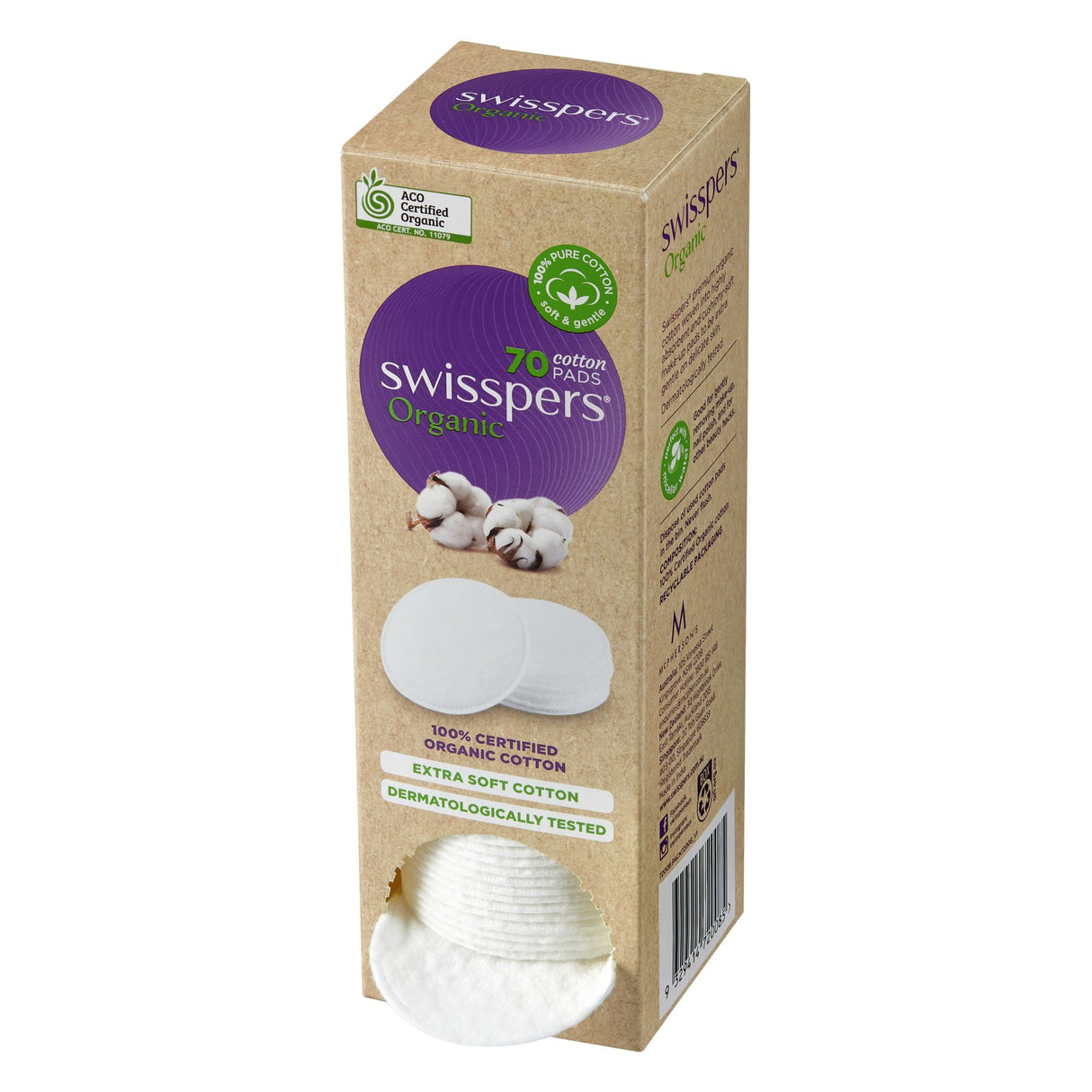Eco-friendly Swisspers Organic Cotton Pads in 70 pack, ultra-soft and absorbent with convenient eco dispenser for gentle skincare.