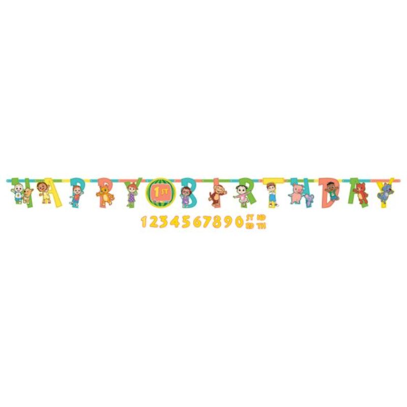 Colorful Cocomelon Jumbo Add-An-Age Banner for birthday parties, includes numbers 0-9 and suffixes for personalization.