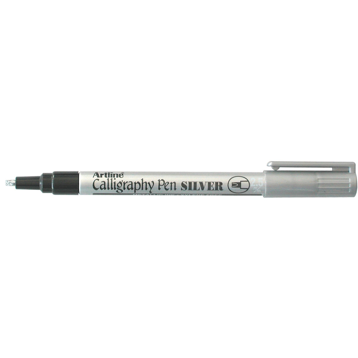 Set of 12 Artline 993 metallic silver calligraphy markers with 2.5mm nib for elegant lettering on various surfaces.
