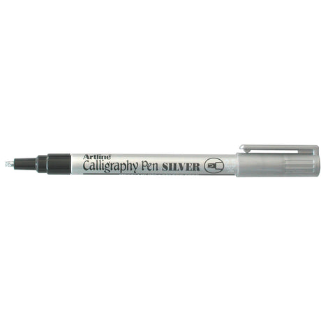 Set of 12 Artline 993 metallic silver calligraphy markers with 2.5mm nib for elegant lettering on various surfaces.