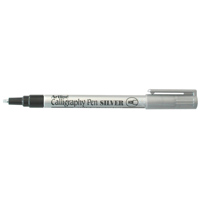 Set of 12 Artline 993 metallic silver calligraphy markers with 2.5mm nib for elegant lettering on various surfaces.
