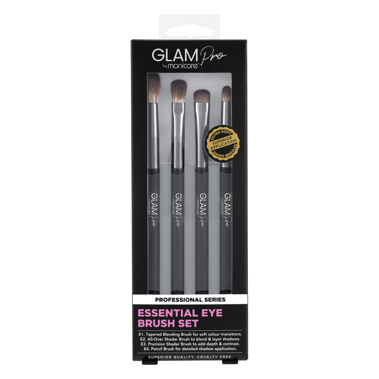 Glam by Manicare Pro Essential Eye Brush Set featuring ultra-soft nano bristles for flawless eye makeup application.