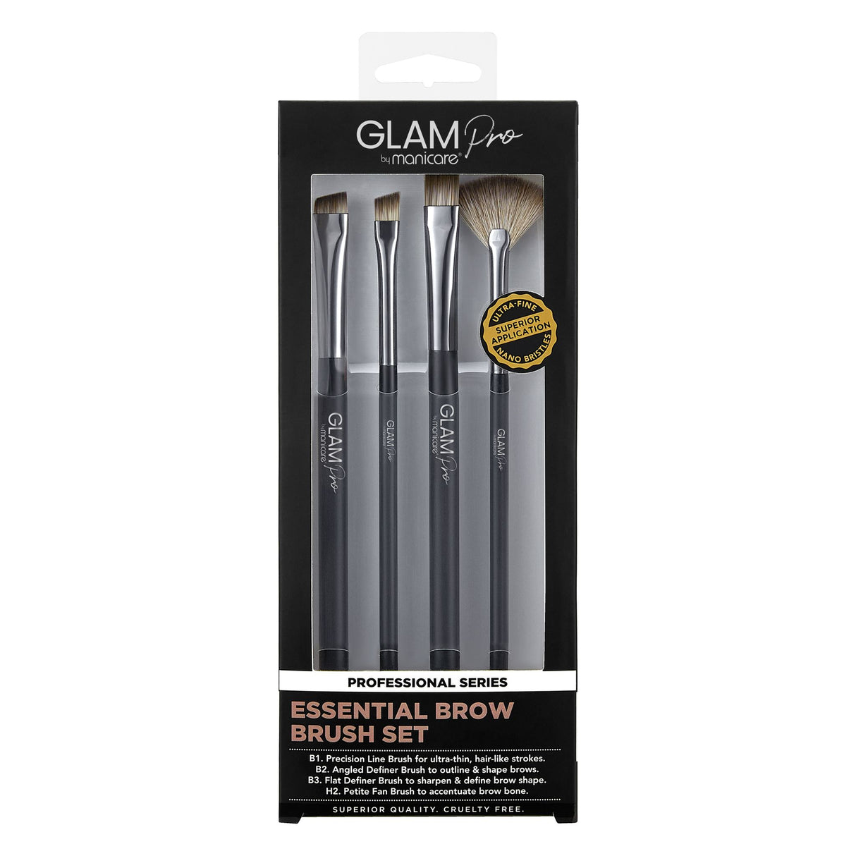 Glam by Manicare Pro Essential Brow Brush Set featuring four specialized brushes for perfect brow shaping and defining.