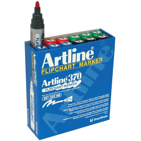 Set of 12 vibrant Artline 370 flipchart markers with 2mm bullet nib, ideal for bold, clear presentations.