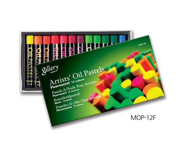 Vibrant GALLERY OIL PASTEL MOP-12F FLUO set featuring 12 rich fluoro colors for dynamic artistic expression.