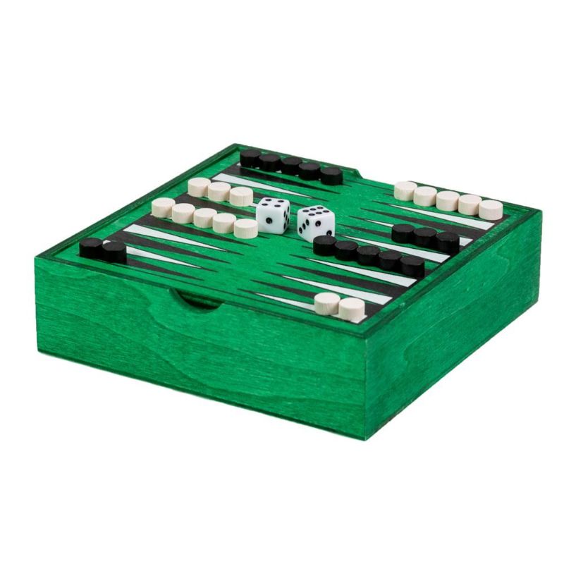 Travel-sized Wooden Classic Backgammon set, designed for two players with a vibrant playing surface and sturdy pieces.