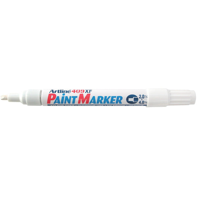 Artline 409 White Paint Markers, 12 pack, with chisel tip for vibrant, permanent marking on various surfaces.