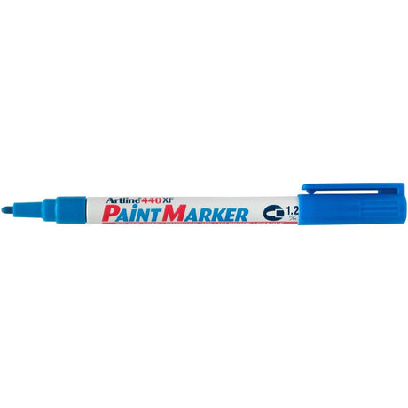 Box of 12 Artline 440 Blue Permanent Paint Markers with 1.2mm bullet tip for vibrant, fade-proof marking on various surfaces.