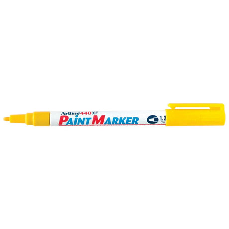Artline 440 Paint Marker set of 12 in vibrant yellow, featuring a 1.2mm bullet nib for permanent marking on various surfaces.