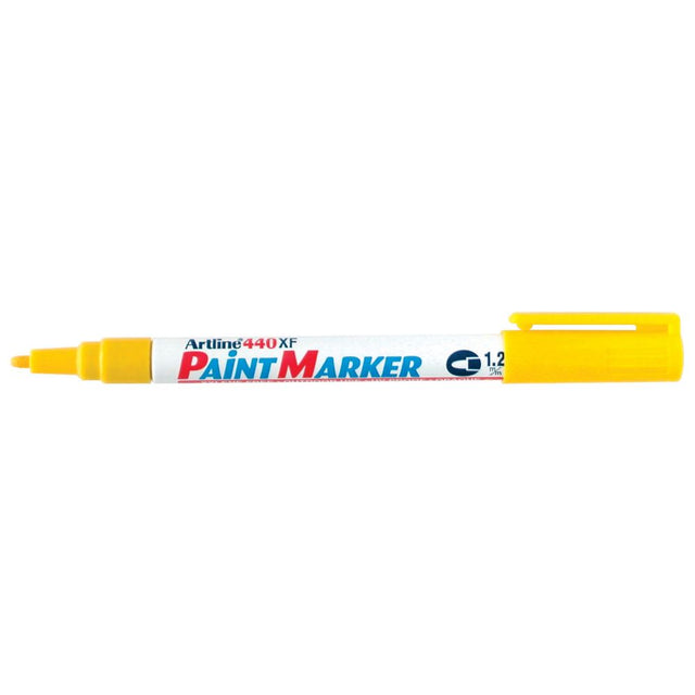 Artline 440 Paint Marker set of 12 in vibrant yellow, featuring a 1.2mm bullet nib for permanent marking on various surfaces.