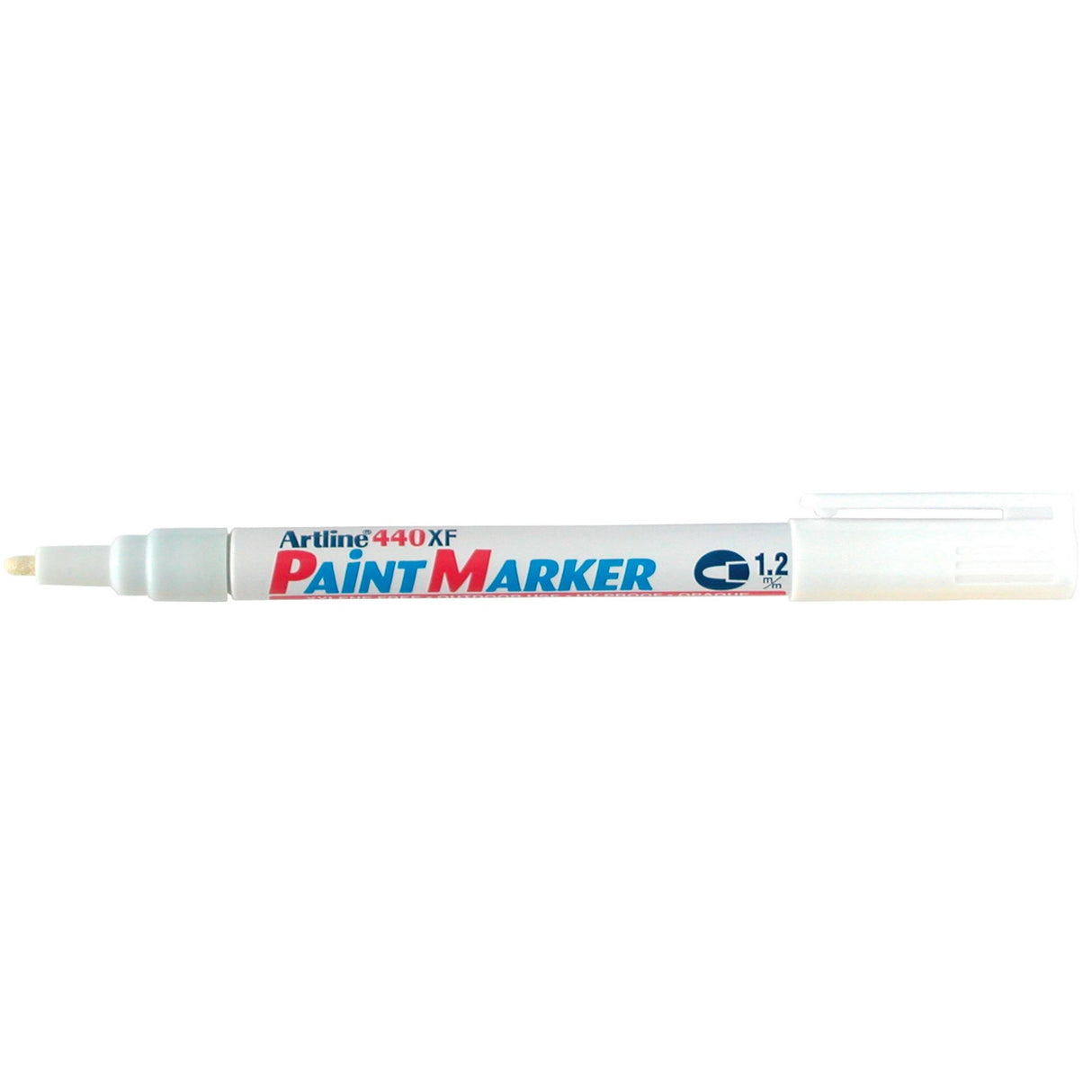 Set of 12 Artline 440 permanent paint markers with 1.2mm bullet nib in white for vibrant, long-lasting markings.
