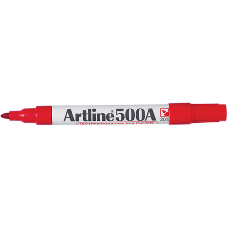 Pack of 12 Artline 500A red whiteboard markers with 2mm bullet nib for vibrant, low-odour writing on dry erase surfaces.