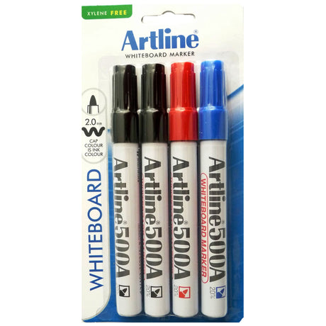 Artline 500A Whiteboard Marker with 2mm bullet nib in assorted bold colors, perfect for precise marking on enamel boards.