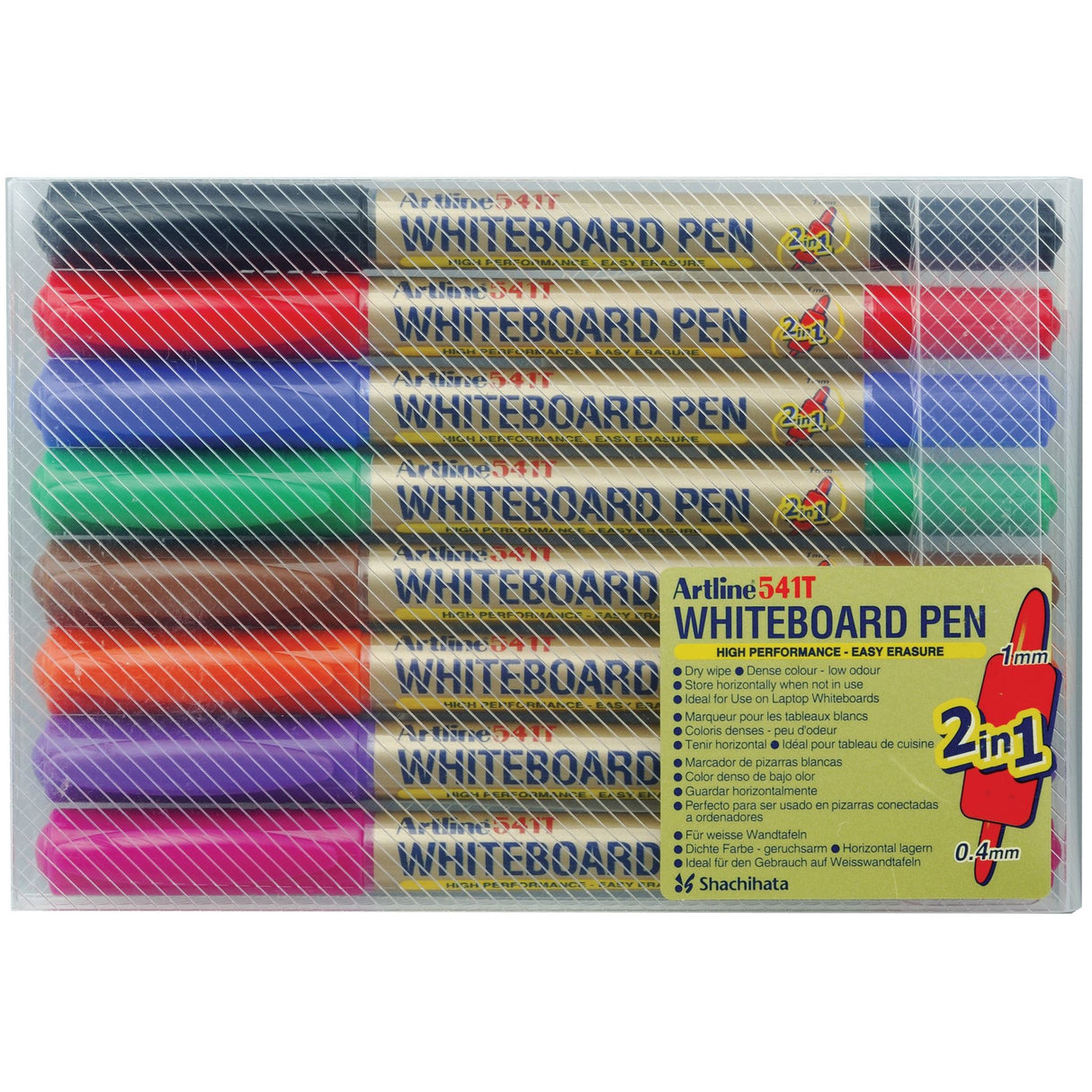 Set of 8 Artline 541t whiteboard markers with dual nibs for versatile line widths and vibrant colors.