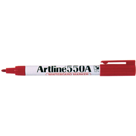 Artline 550A red whiteboard markers pack of 12, featuring low-odour ink and a 1.2mm bullet nib for bold writing.