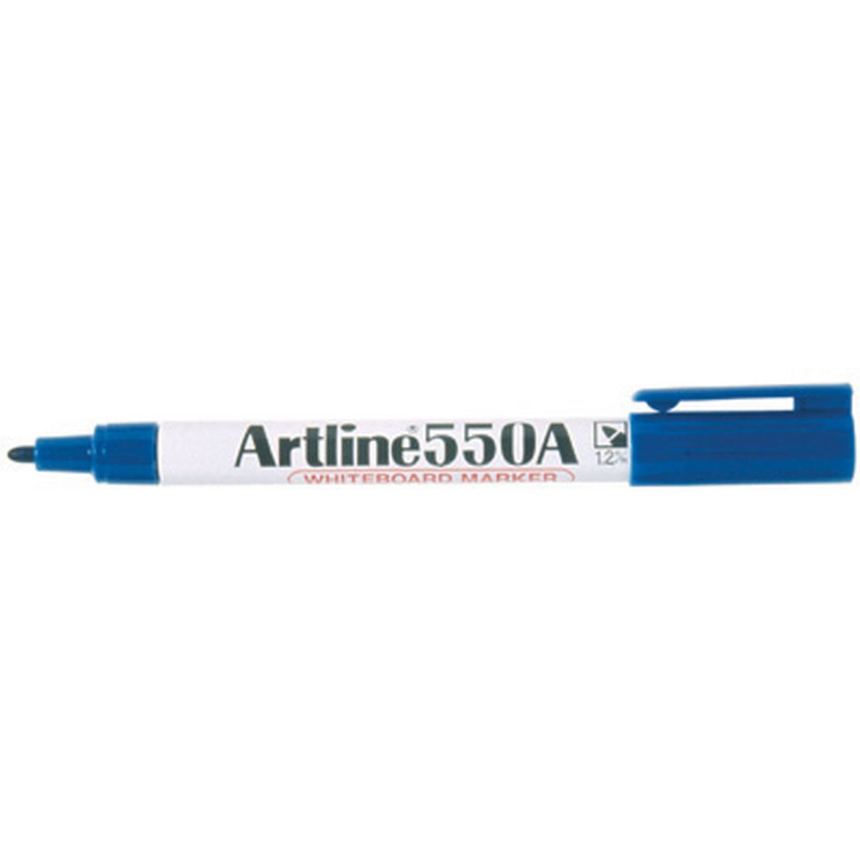 Pack of 12 Artline 550A Blue Whiteboard Markers with 1.2mm bullet nib, low-odour, durable aluminum barrels.