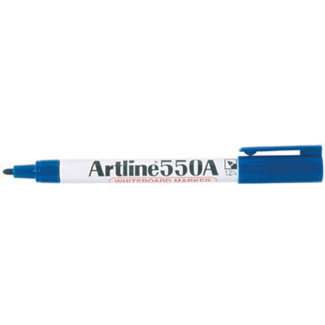 Pack of 12 Artline 550A Blue Whiteboard Markers with 1.2mm bullet nib, low-odour, durable aluminum barrels.