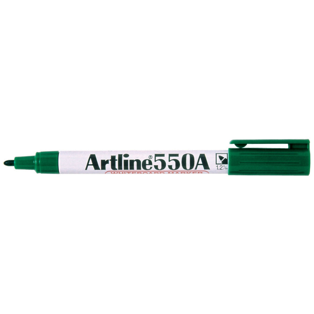 Artline 550a Green Whiteboard Marker pack of 12 with 1.2mm bullet nib for bold, low-odor writing on various surfaces.