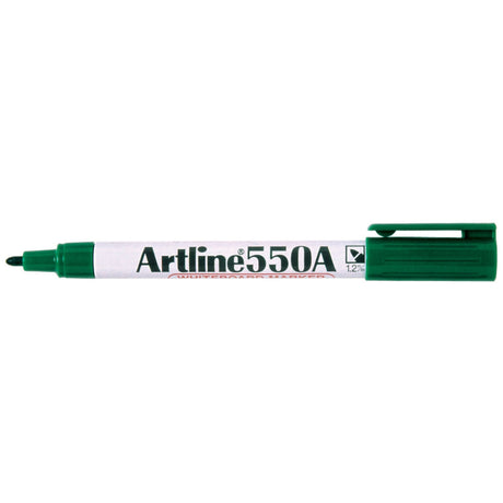 Artline 550a Green Whiteboard Marker pack of 12 with 1.2mm bullet nib for bold, low-odor writing on various surfaces.