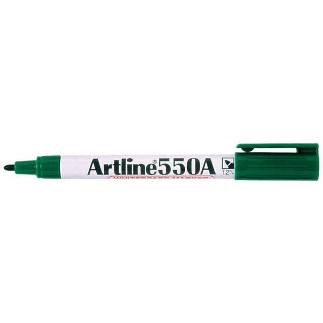 Artline 550a Green Whiteboard Marker pack of 12 with 1.2mm bullet nib for bold, low-odor writing on various surfaces.