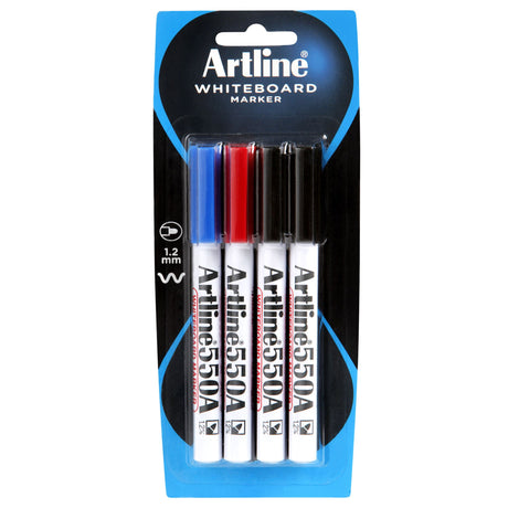 Artline 550a Whiteboard Marker Pack of 4 in assorted colors, ideal for vibrant, low-odor writing on various surfaces.