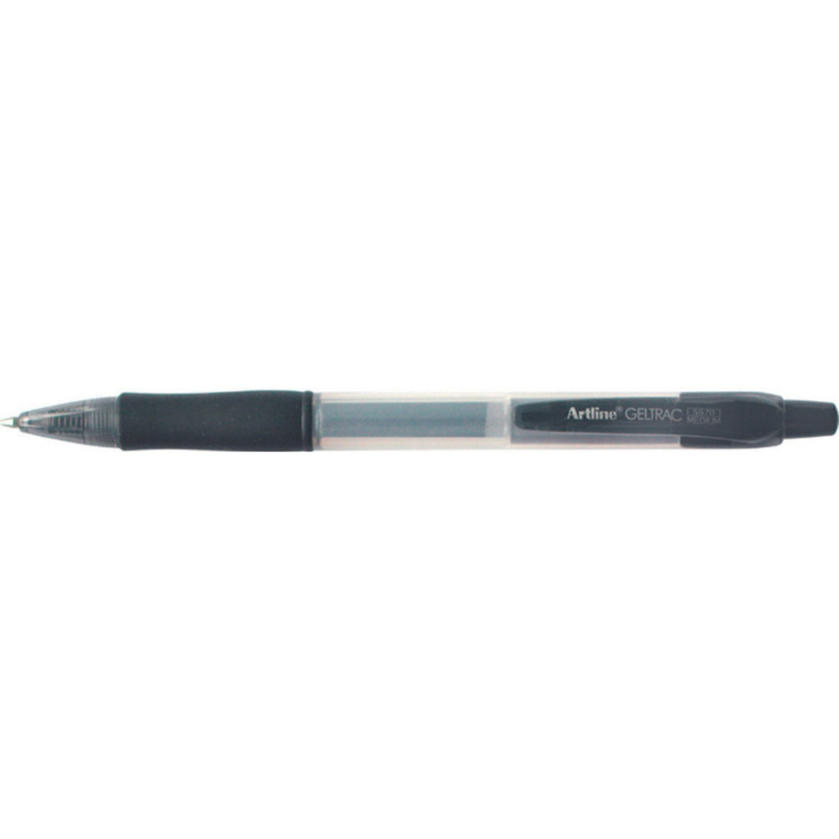 Set of 12 Artline 5570 Geltrac retractable gel pens in medium black, featuring a rubber grip and vibrant, acid-free gel ink.