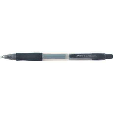 Set of 12 Artline 5570 Geltrac retractable gel pens in medium black, featuring a rubber grip and vibrant, acid-free gel ink.