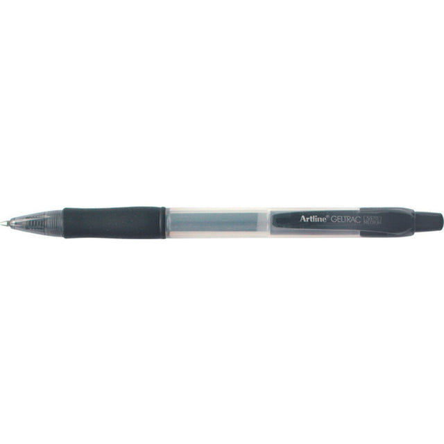 Set of 12 Artline 5570 Geltrac retractable gel pens in medium black, featuring a rubber grip and vibrant, acid-free gel ink.