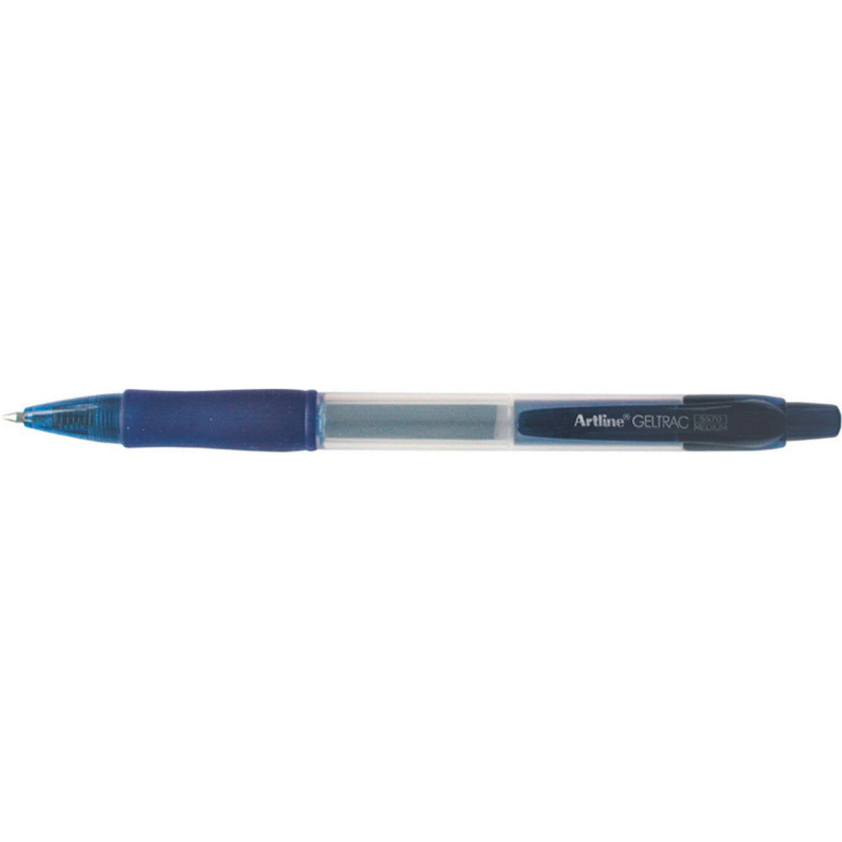 Artline 5570 retractable gel pens in medium blue, 12 pack, featuring smooth ink flow and comfortable rubber grip.