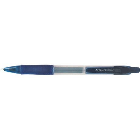 Artline 5570 retractable gel pens in medium blue, 12 pack, featuring smooth ink flow and comfortable rubber grip.
