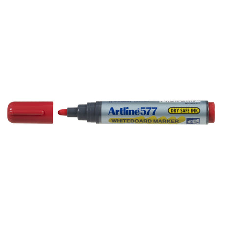 Artline 577 Red Whiteboard Markers, 2mm bullet nib, pack of 12, dry safe, bold colors, low odor, xylene-free.