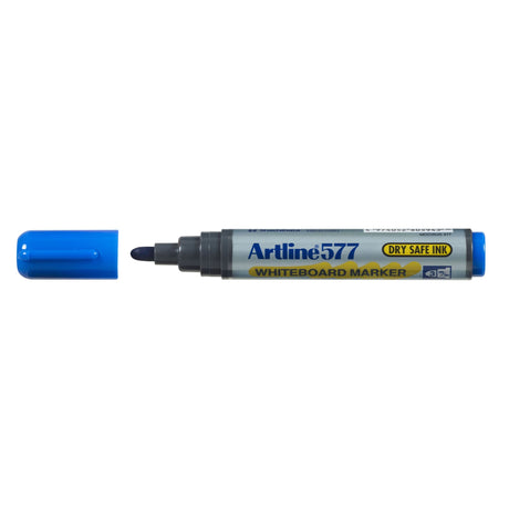 Artline 577 Blue Whiteboard Markers 2mm Bullet Nib, pack of 12, featuring dry safe, low-odour, bold ink for versatile use.