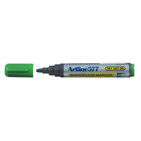 Artline 577 green whiteboard markers, 2mm bullet nib, 12-pack with dry safe, low odor pigment ink for bold writing.