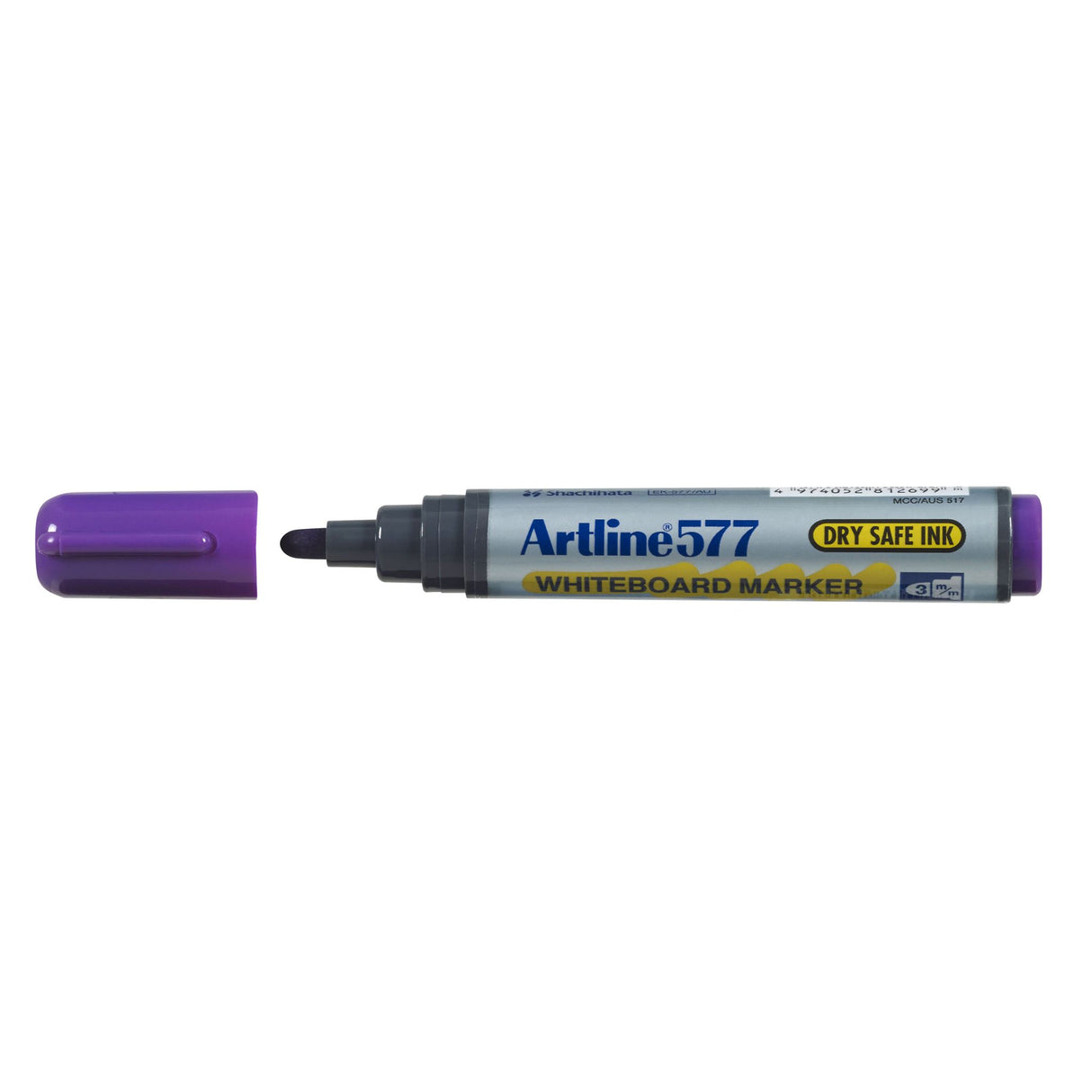 Artline 577 Purple Whiteboard Markers with 2mm bullet nib, 12 pack, dry safe ink, low odour, vibrant color for versatile use.