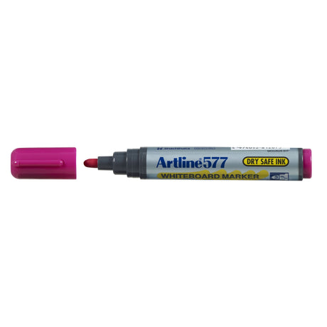Pack of 12 vibrant pink Artline 577 whiteboard markers with 2mm bullet nib for precise writing and dry safe ink.