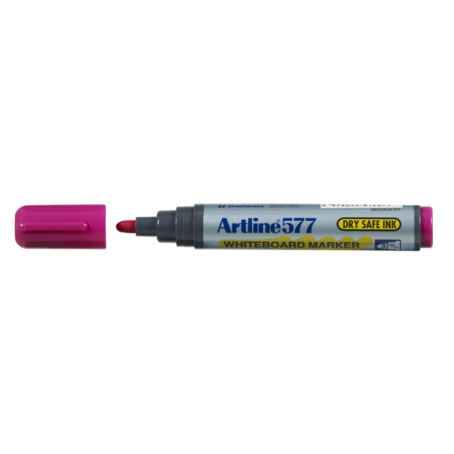Pack of 12 vibrant pink Artline 577 whiteboard markers with 2mm bullet nib for precise writing and dry safe ink.