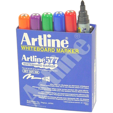 Set of 12 Artline 577 markers with 2mm bullet nibs in assorted vibrant colors, suitable for whiteboards and electronic boards.
