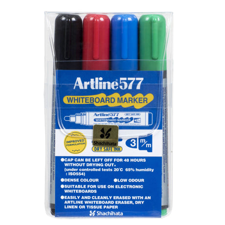 Artline 577 assorted whiteboard markers in a wallet, featuring a 2mm bullet nib and dry safe ink formula for vibrant, bold colors.