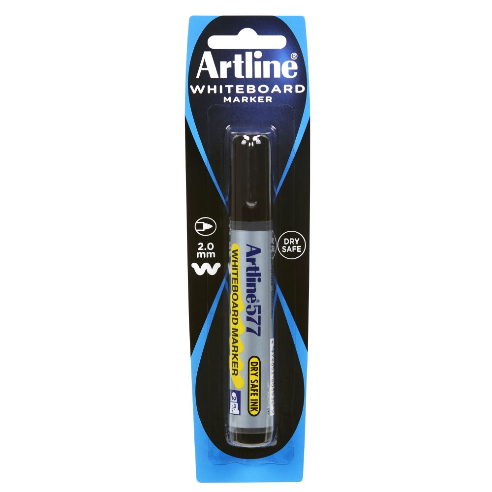 Artline 577 black whiteboard marker with 2mm bullet nib, dry safe ink, and low odour formula for versatile use.