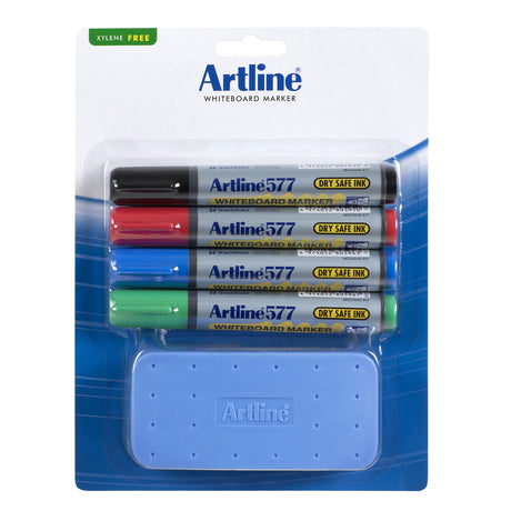 Artline 577 Whiteboard Starter Kit featuring 4 assorted markers, dry safe ink, and a double-sided eraser for versatile use.