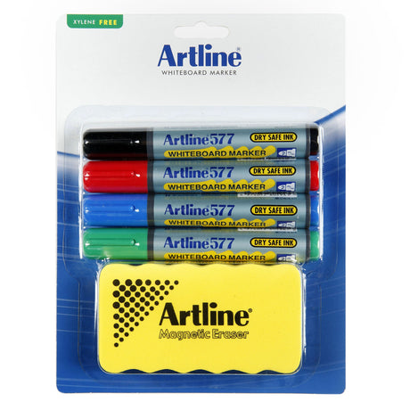 Artline 577 Whiteboard Starter Kit featuring four assorted markers, a magnetic eraser, and dry safe ink for vibrant writing.