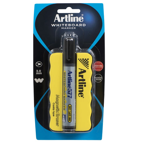 Artline 577 Black Magnetic Eraser and Marker Kit for vibrant, long-lasting whiteboard writing with a convenient magnetic eraser.