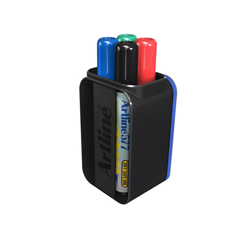 Artline 577 Whiteboard Eraser Cup Pack with four vibrant markers and magnetic eraser for organized workspace convenience.