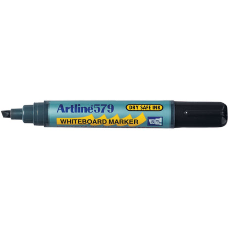Artline 579 Whiteboard Marker pack of 12, featuring black 5mm chisel nib markers for bold, low-odour ink.
