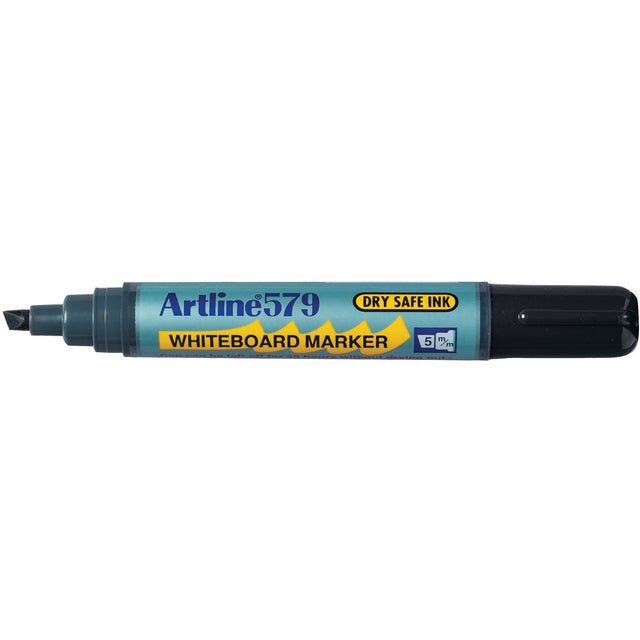 Artline 579 Whiteboard Marker pack of 12, featuring black 5mm chisel nib markers for bold, low-odour ink.