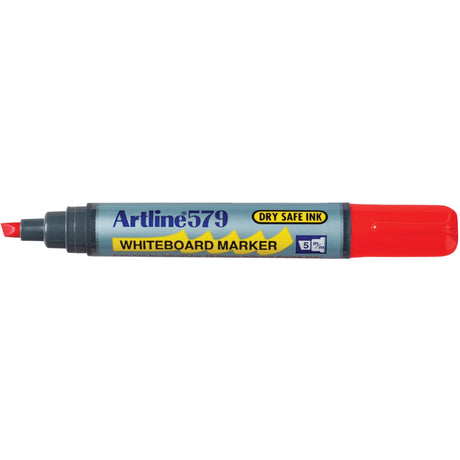 Artline 579 Red Whiteboard Marker pack of 12 with 5mm chisel nib, dry safe ink, low odour, and bold pigment for versatile use.